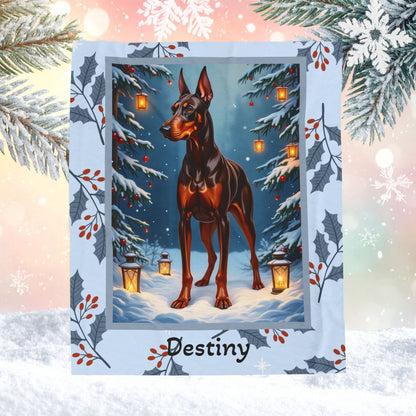 Doberman Red and Rust personalized winter blanket with bold Doberman art and cozy glowing winter lodge details