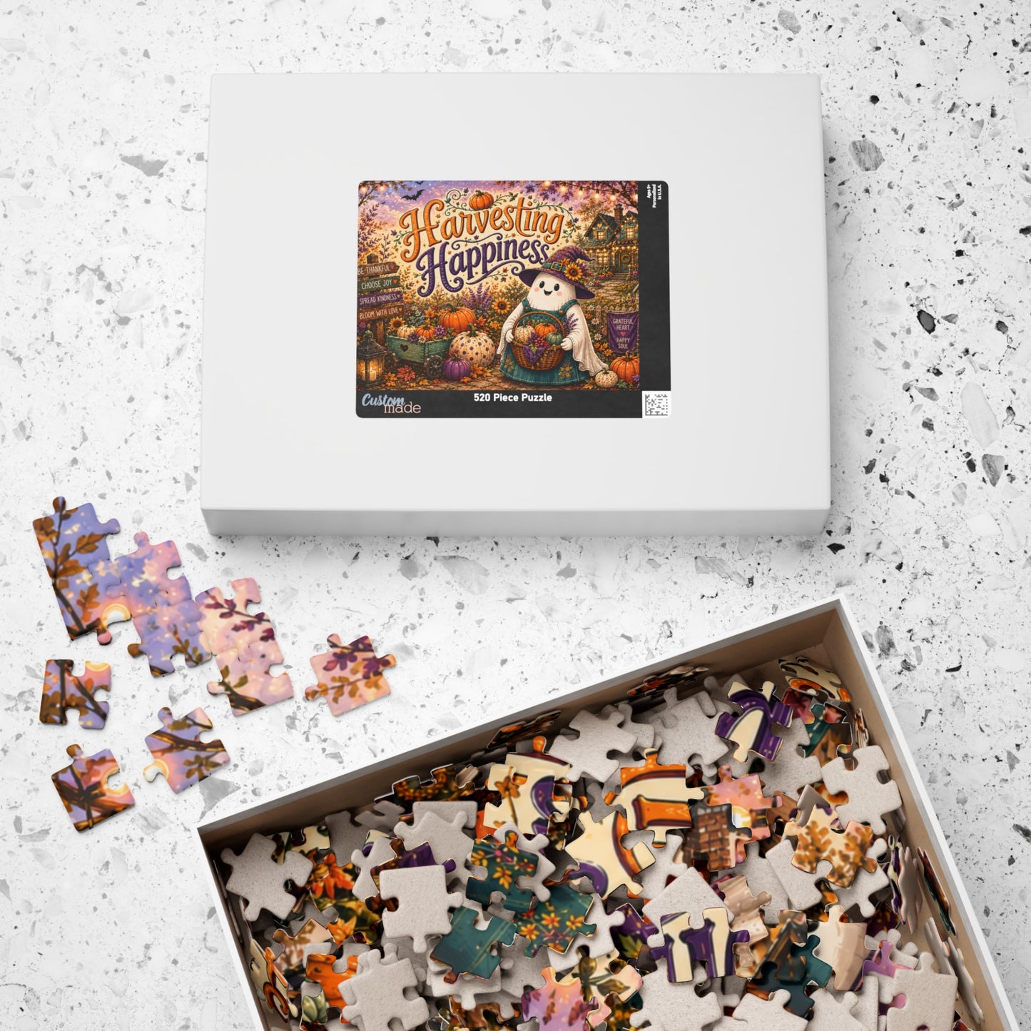 Harvesting Happiness Halloween Puzzle - Witch Ghost with Harvest Basket, Sunflowers, and Pumpkins