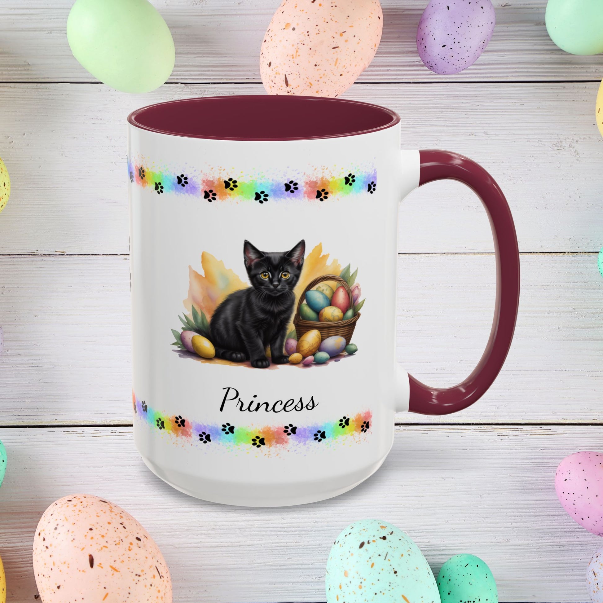 Bombay: Personalized Easter Kitten Coffee Mug - Adorable Cat Design, Mental Health Gift, 11oz & 15oz, 12 Color Choices, Easter Gifts & Décor