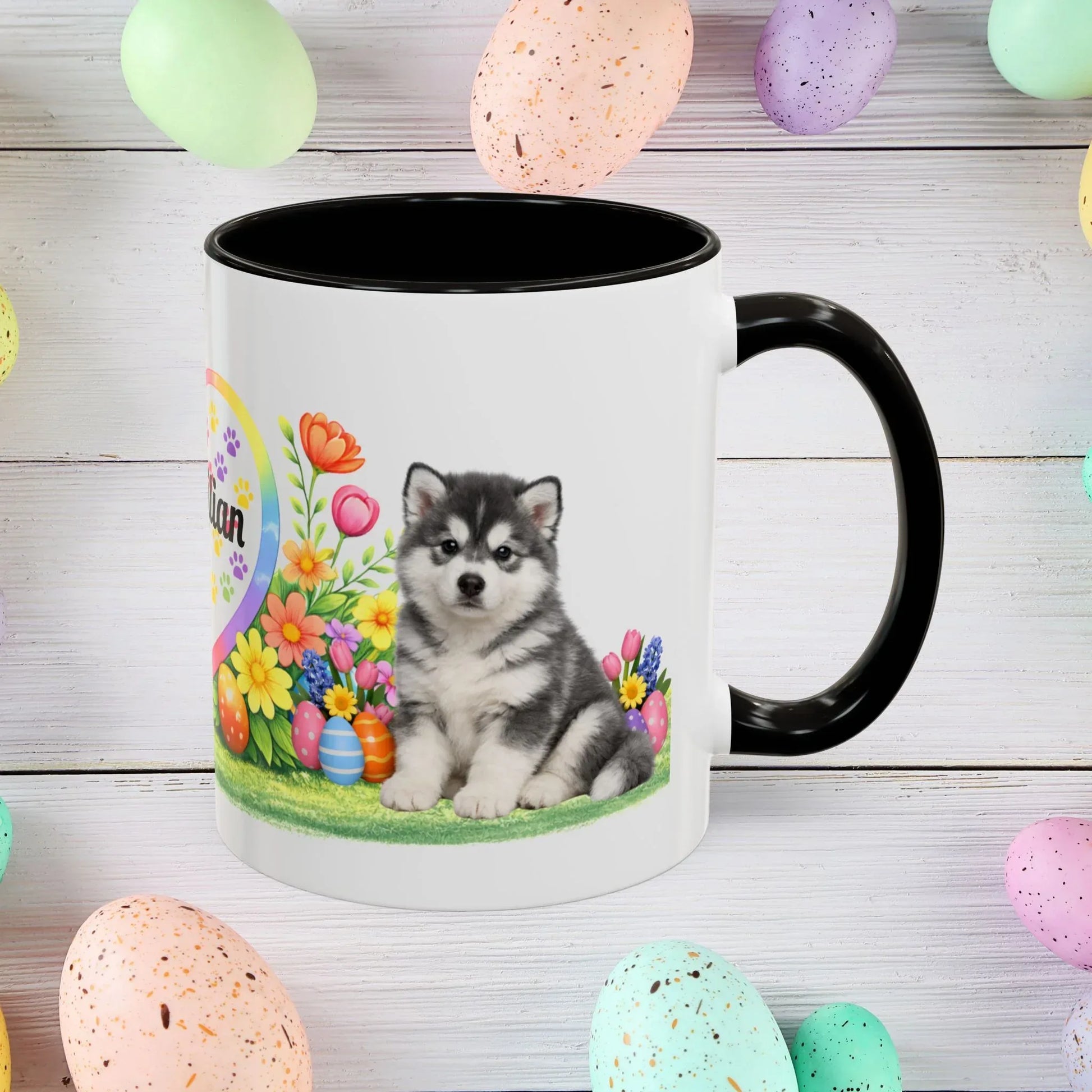 Shop our alaskan malamute blue white puppy easter mug featuring the 11oz style option from MySisterIsASurvivor.
