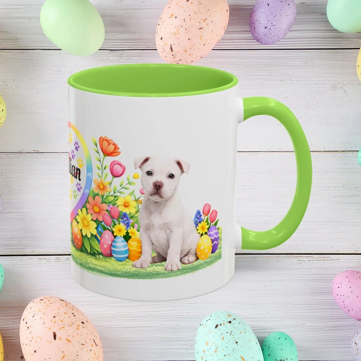 Shop our pitbull white puppy easter mug featuring the 11oz style option from MySisterIsASurvivor.