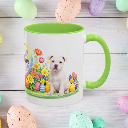 Shop our pitbull white puppy easter mug featuring the 11oz style option from MySisterIsASurvivor.