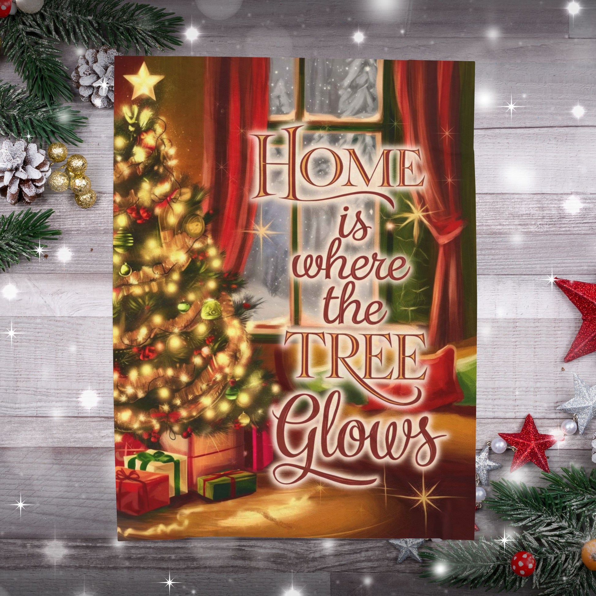 Christmas blanket “Home Is Where the Tree Glows” cozy festive throw with glowing winter design
