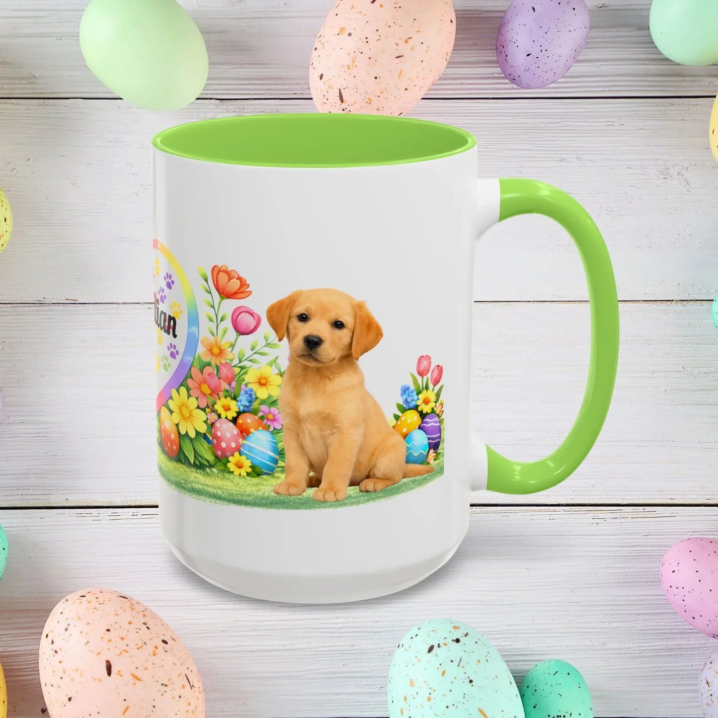 Shop our labrador retriever yellow golden puppy easter mug featuring the 15oz style option from MySisterIsASurvivor.