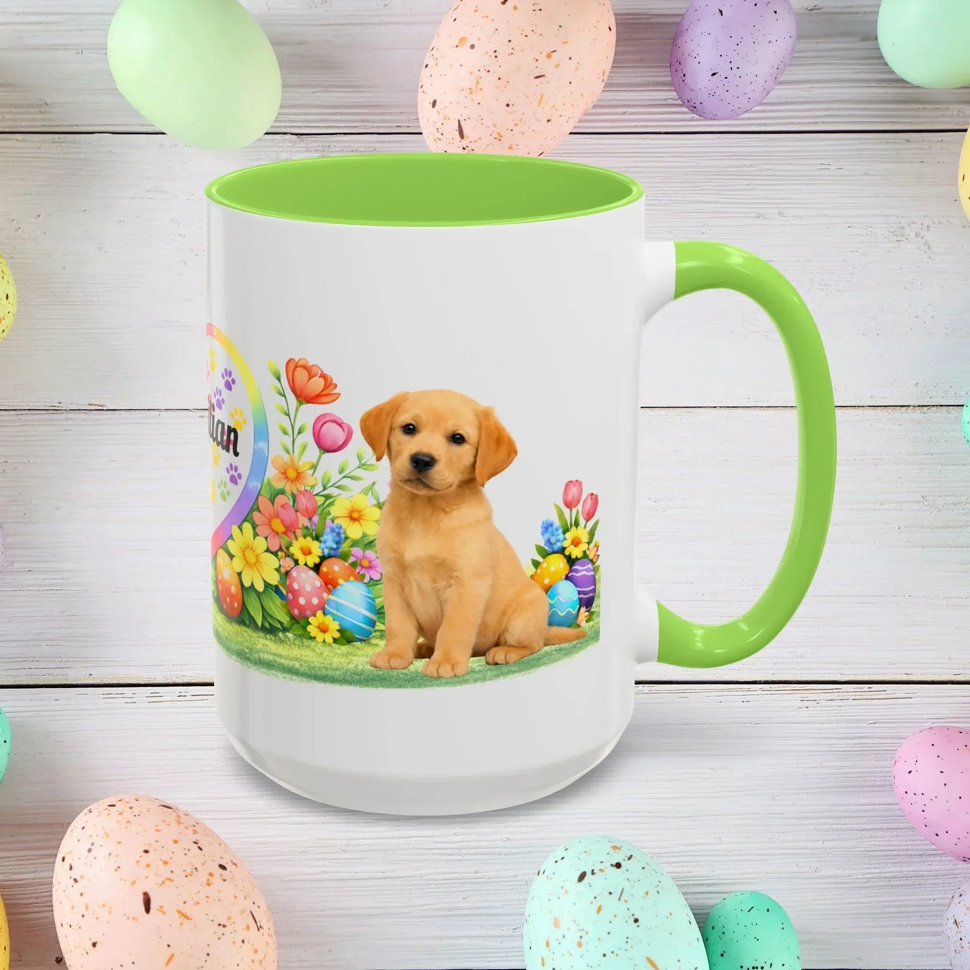Shop our labrador retriever yellow golden puppy easter mug featuring the 15oz style option from MySisterIsASurvivor.