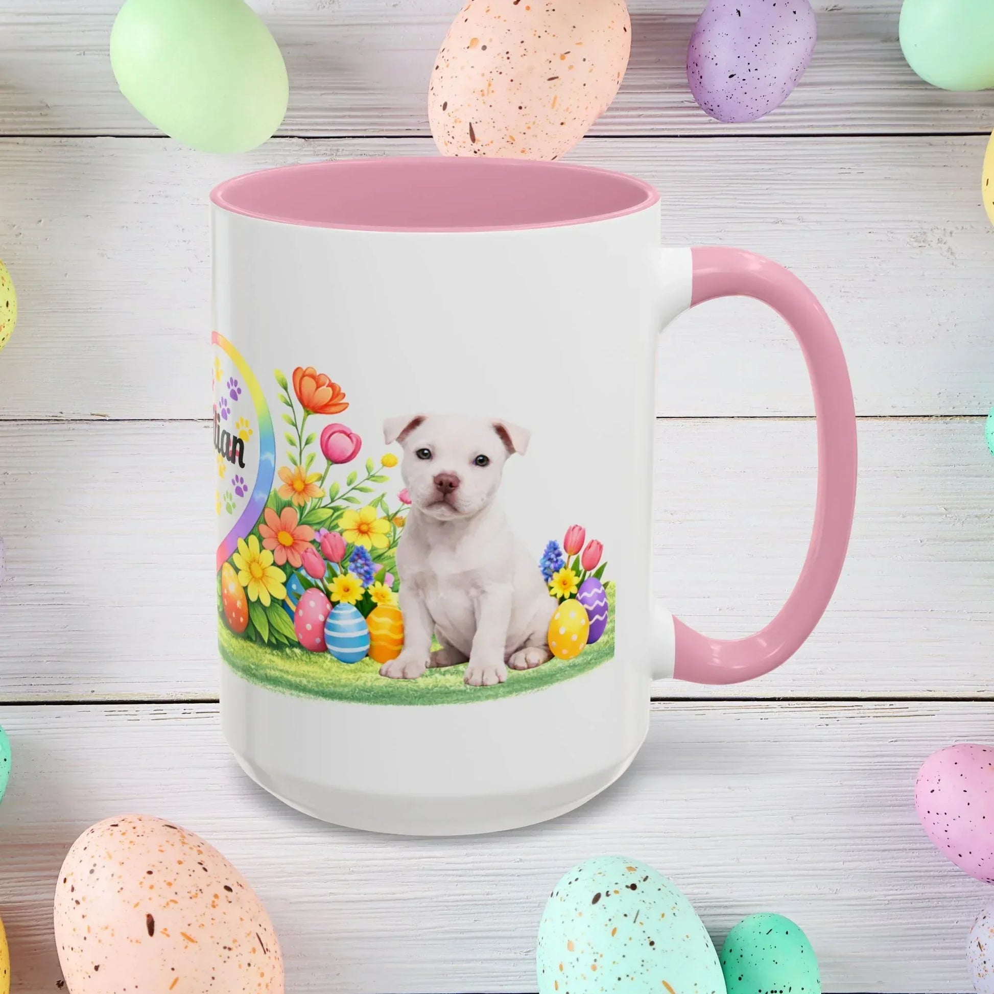 Shop our pitbull white puppy easter mug featuring the 15oz style option from MySisterIsASurvivor.
