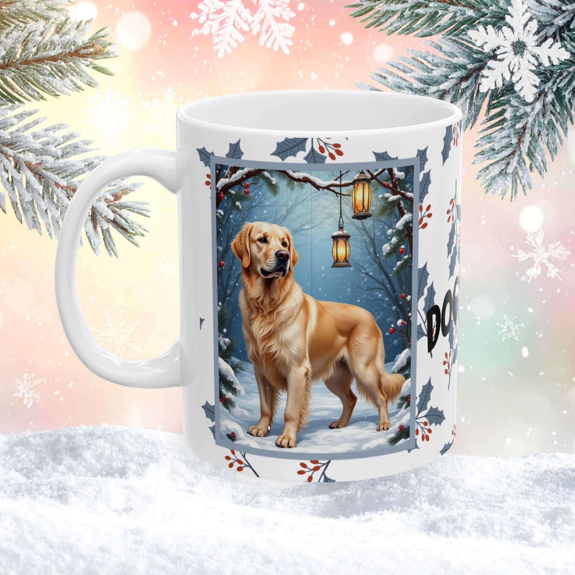 Golden Retriever (Cream) Winter Mug - cream Golden Retriever artwork standing in a cozy winter scene with soft snowfall