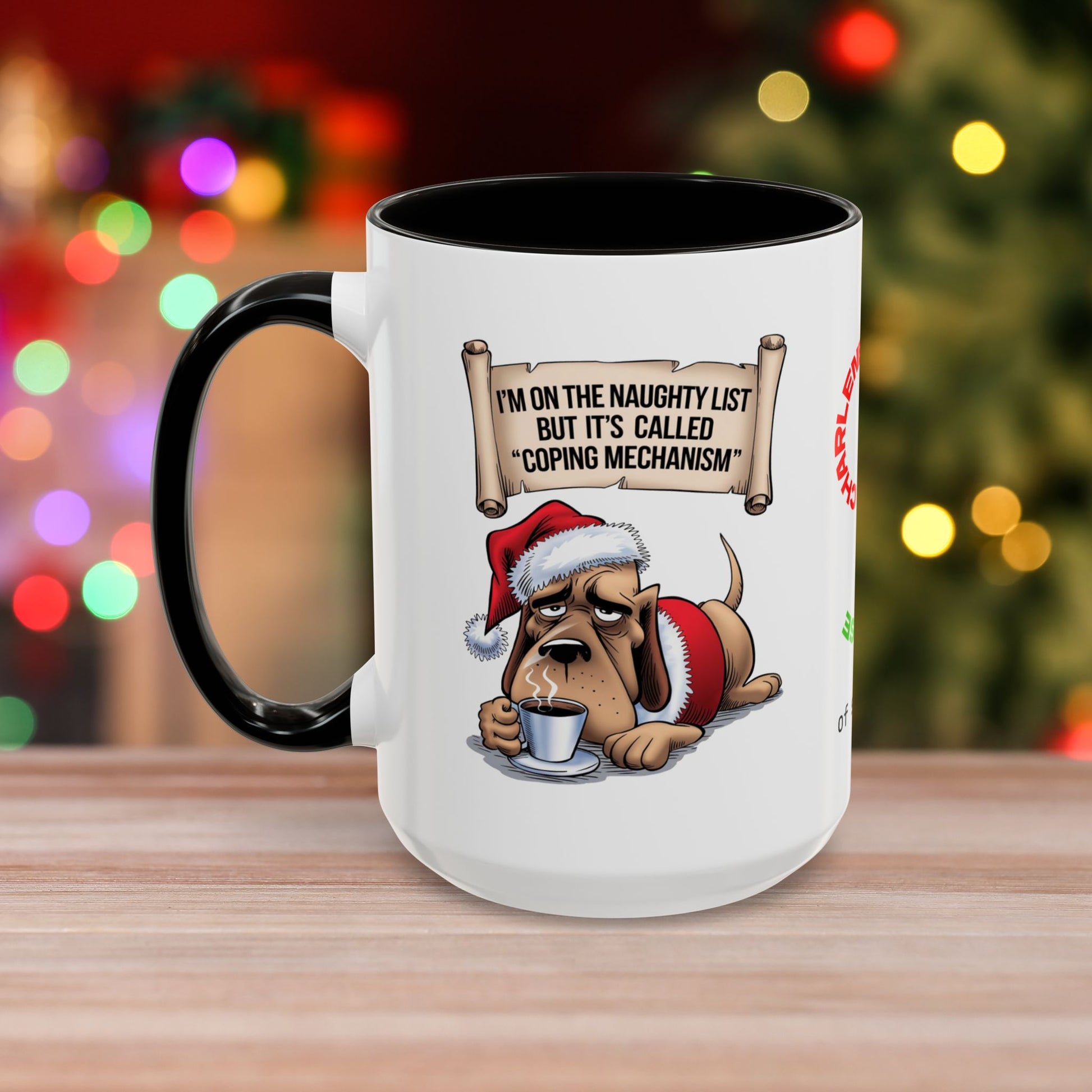 I'm On The Naughty List, But It's Called 'Coping Mechanism' – Christmas Mug with Dog Design and Accent Color