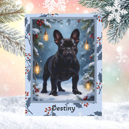 French Bulldog Black custom winter blanket featuring a charming Frenchie in a bright cozy lodge-style winter scene