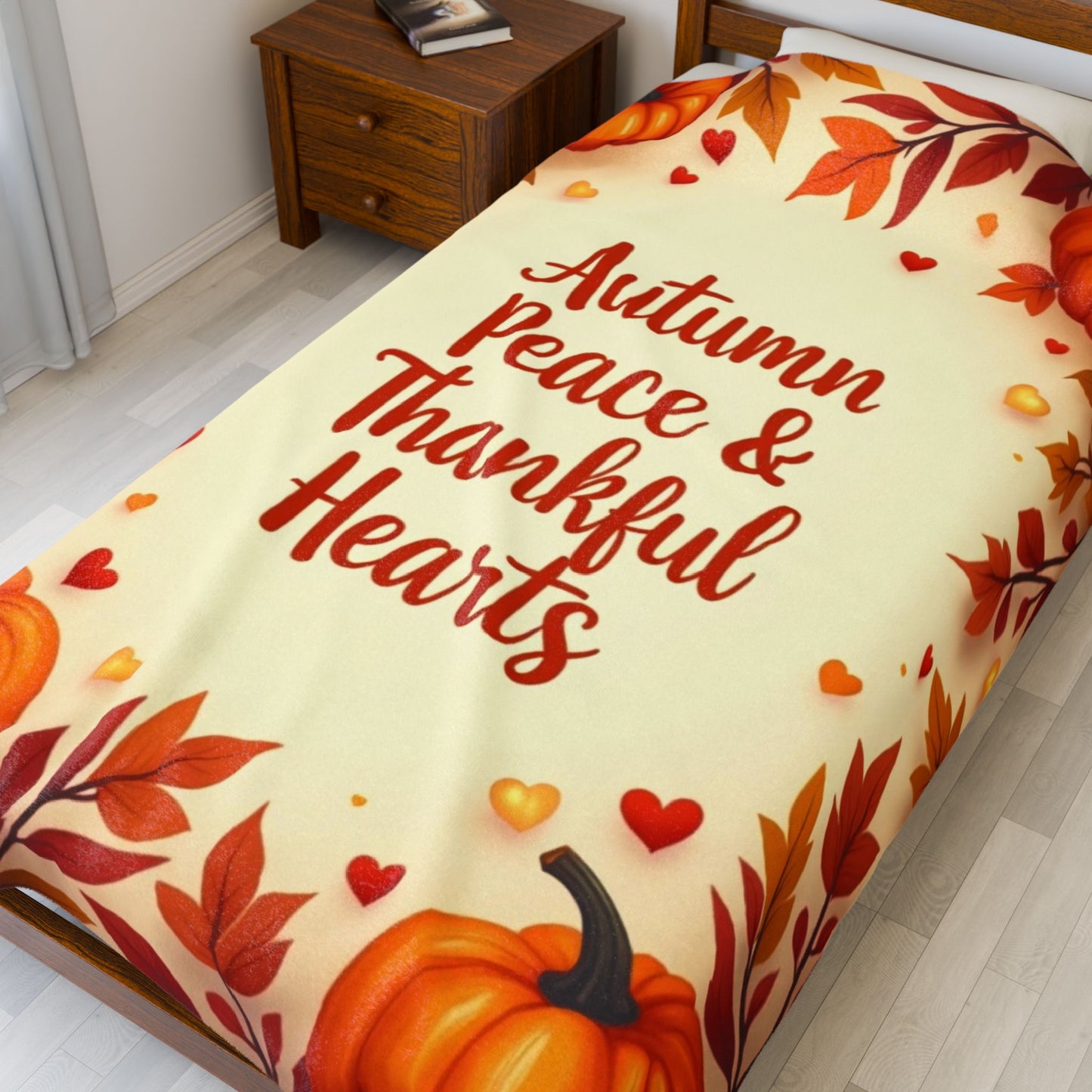Thanksgiving blanket with “Autumn Peace & Thankful Hearts,” warm fall colors, peaceful cozy design.