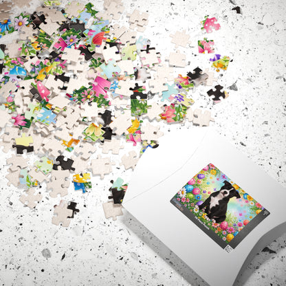 Pitbull (Black & White) Easter Puppy Puzzle - Spring Garden with Eggs, Tulips, and Daisies