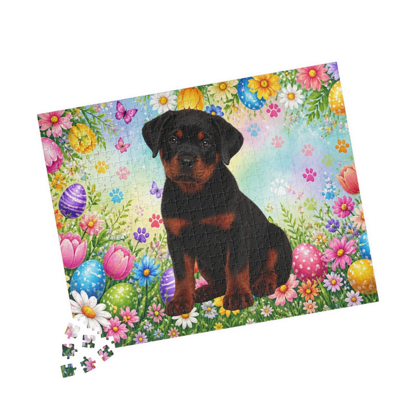 Rottweiler (Black & Mahogany) Easter Puppy Puzzle - Spring Garden with Eggs and Wildflowers