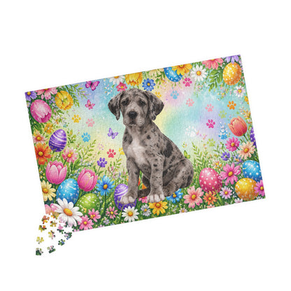 Great Dane (Merle) Easter Puppy Puzzle - Spring Garden with Eggs, Tulips, and Daisies