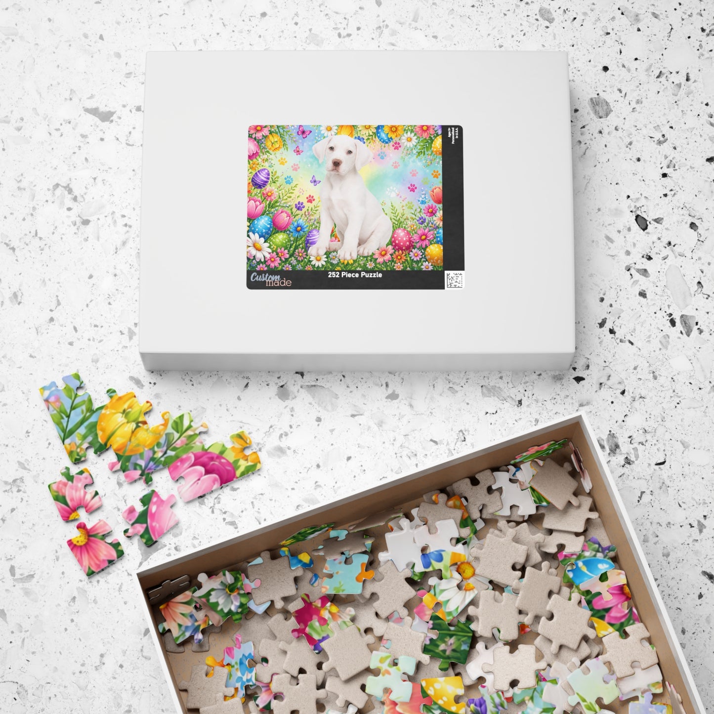 Great Dane (White) Easter Puppy Puzzle - Spring Garden with Eggs, Tulips, and Daisies