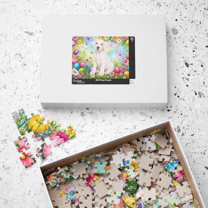 Great Dane (White) Easter Puppy Puzzle - Spring Garden with Eggs, Tulips, and Daisies