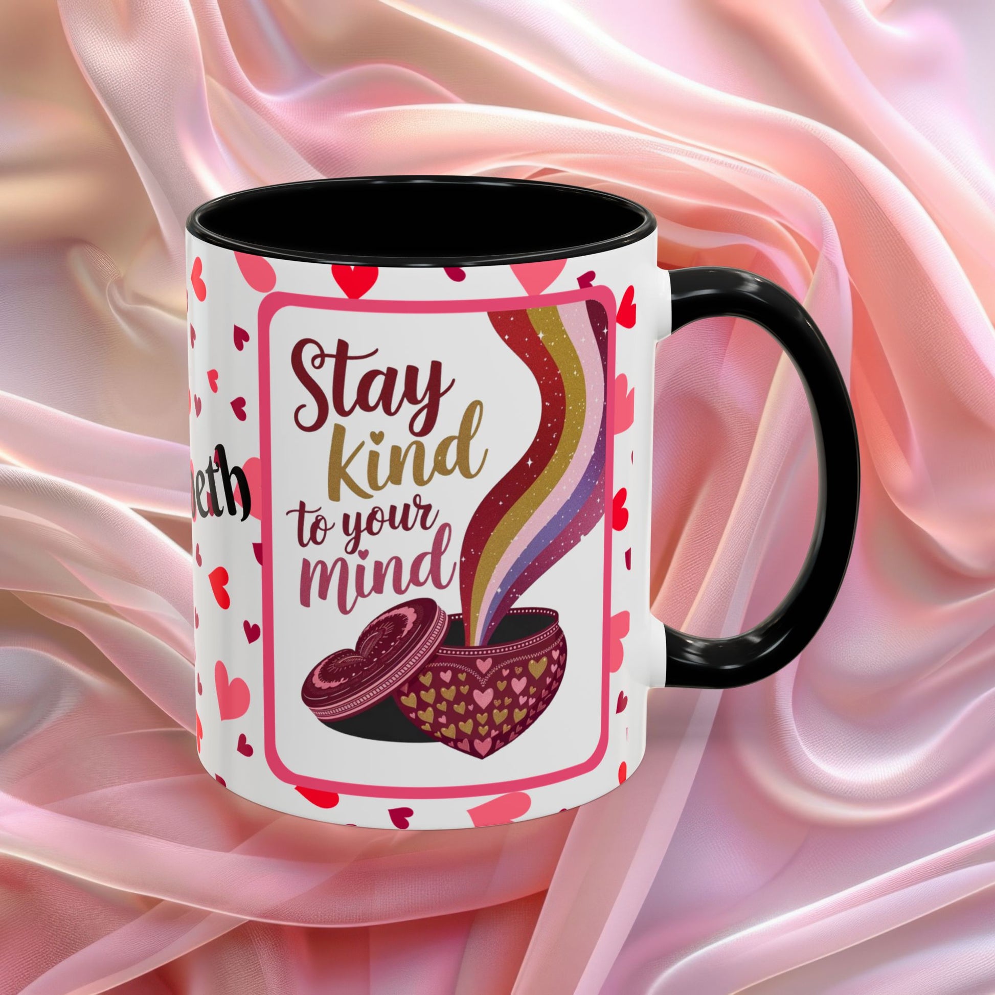Stay Kind To Your Mind Valentines mug promoting mindfulness and balance, Valentine themed coffee cup