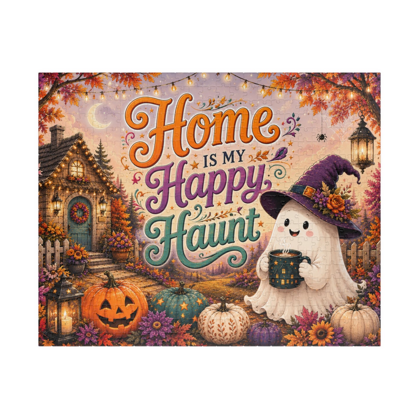 Home Is My Happy Haunt Halloween Puzzle - Witch Hat Ghost with Haunted House Mug and Fall Cottage