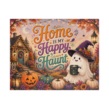 Home Is My Happy Haunt Halloween Puzzle - Witch Hat Ghost with Haunted House Mug and Fall Cottage