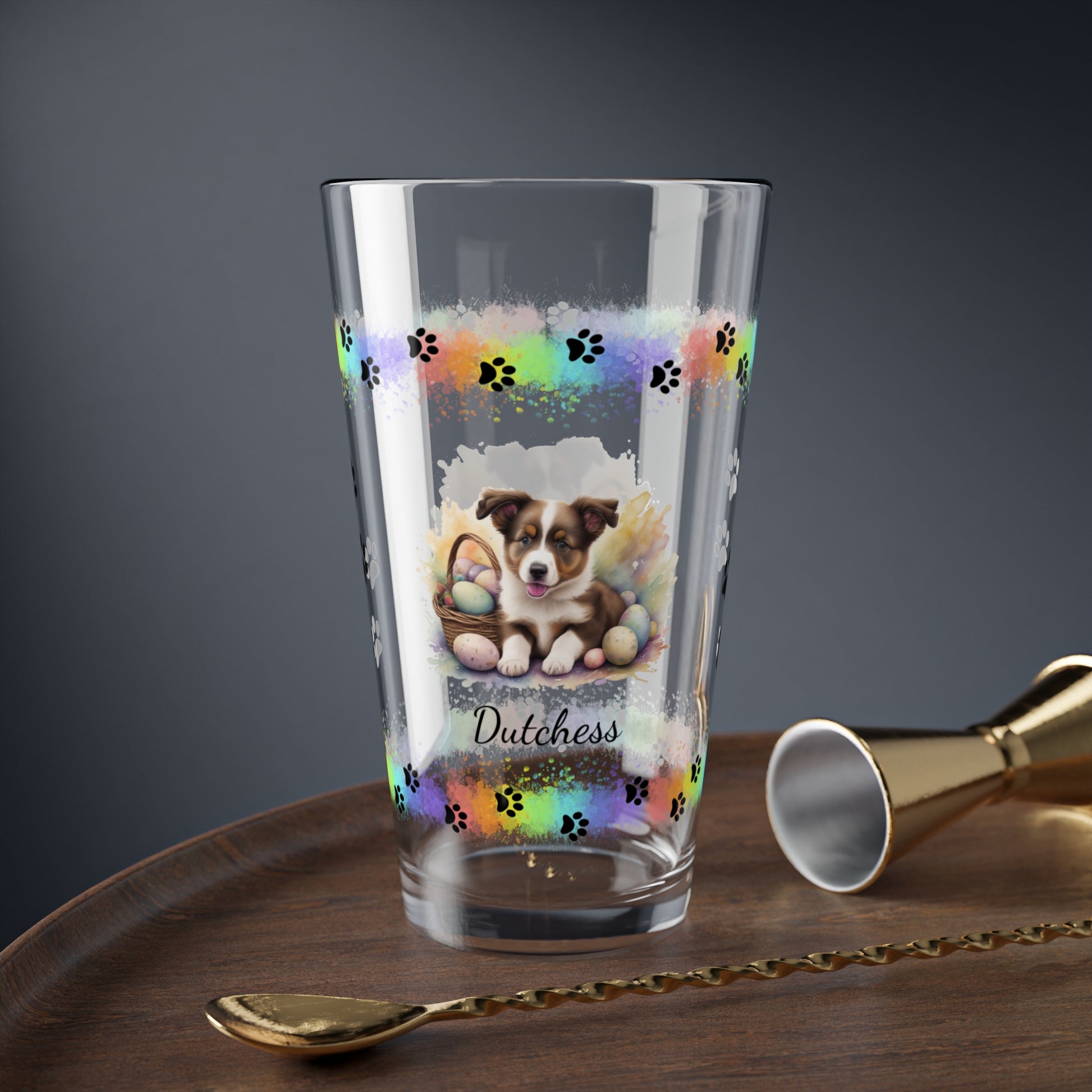 Border Collie (Brown & White) Personalized Easter Puppy 16oz Pint Glass - Custom Dog Design, Mental Health Gift, Easter Décor, and Festive Celebrations