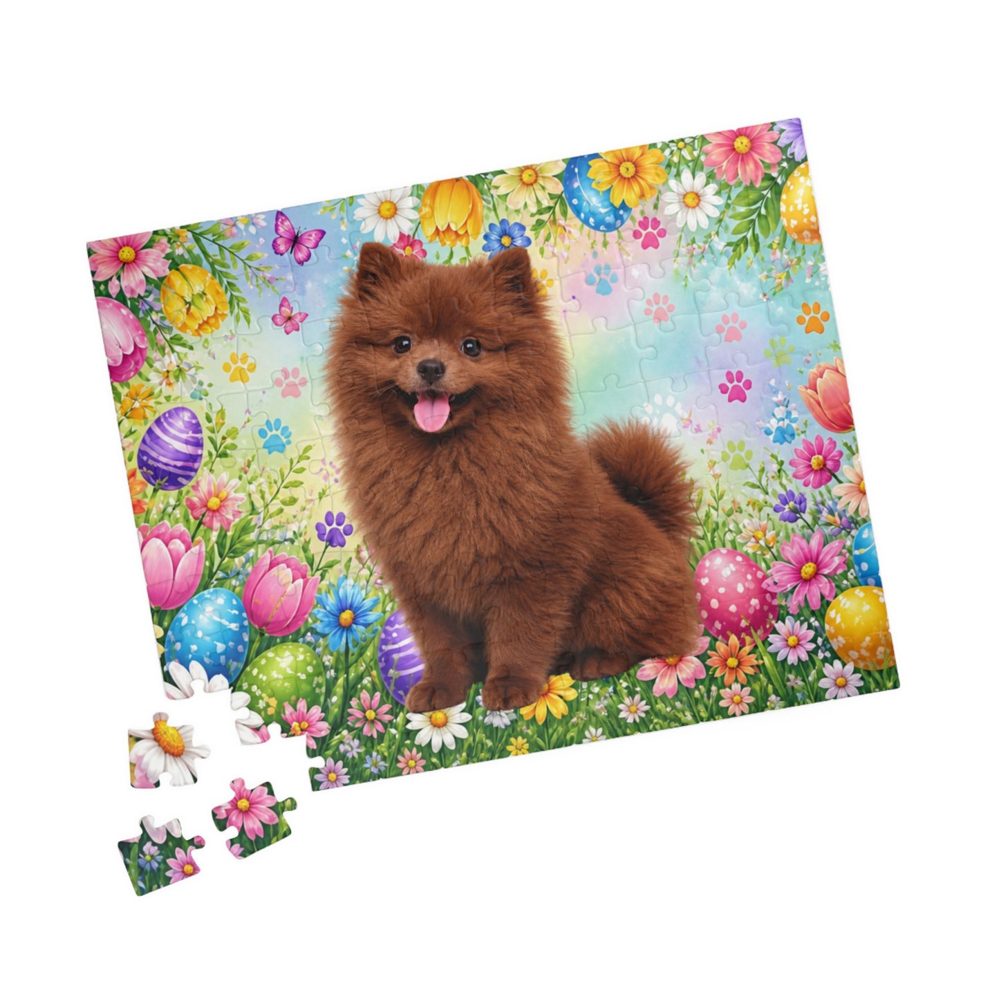 Pomeranian (Chocolate) Easter Puppy Puzzle - Spring Garden with Eggs, Tulips, and Daisies