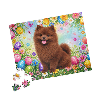 Pomeranian (Chocolate) Easter Puppy Puzzle - Spring Garden with Eggs, Tulips, and Daisies