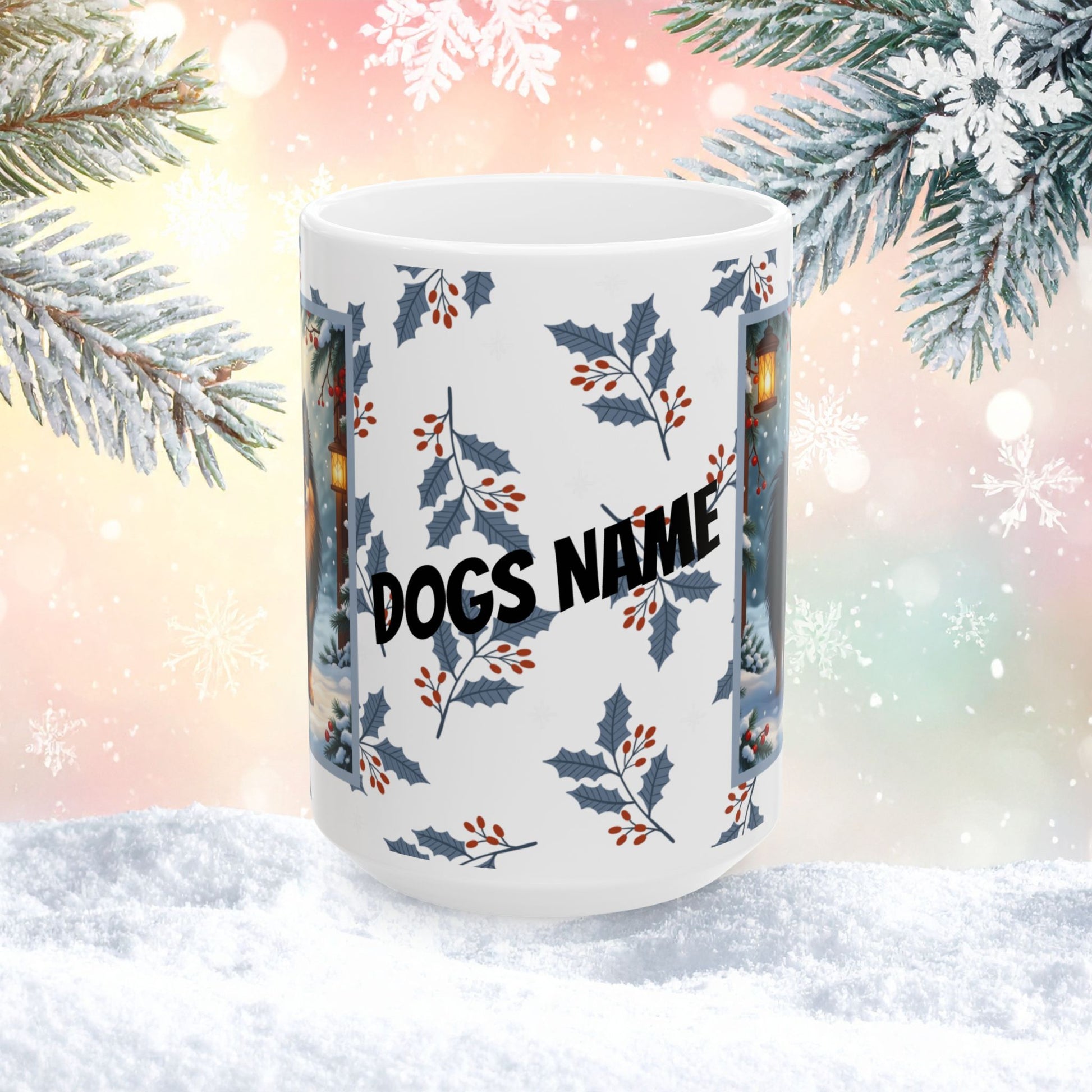 Pomeranian (Black & Tan) Winter Mug - black and tan pomeranian illustrated standing in a winter scene with snowy background