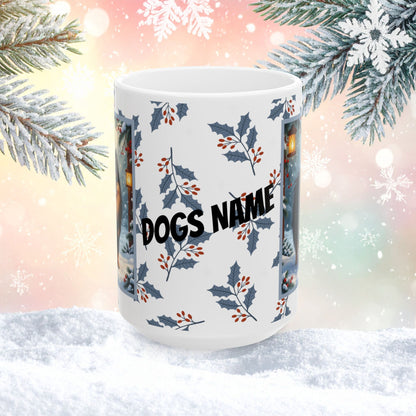 Pomeranian (Black & Tan) Winter Mug - black and tan pomeranian illustrated standing in a winter scene with snowy background