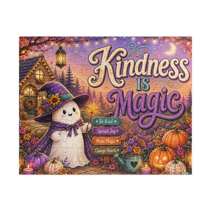 Kindness Is Magic Halloween Puzzle - Witch Ghost with Magic Wand, Purple Pumpkins, and Wildflowers