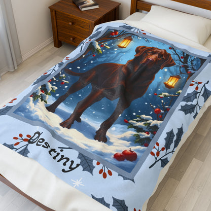 Labrador Retriever Chocolate personalized winter throw with friendly chocolate Lab artwork in a cozy lodge scene