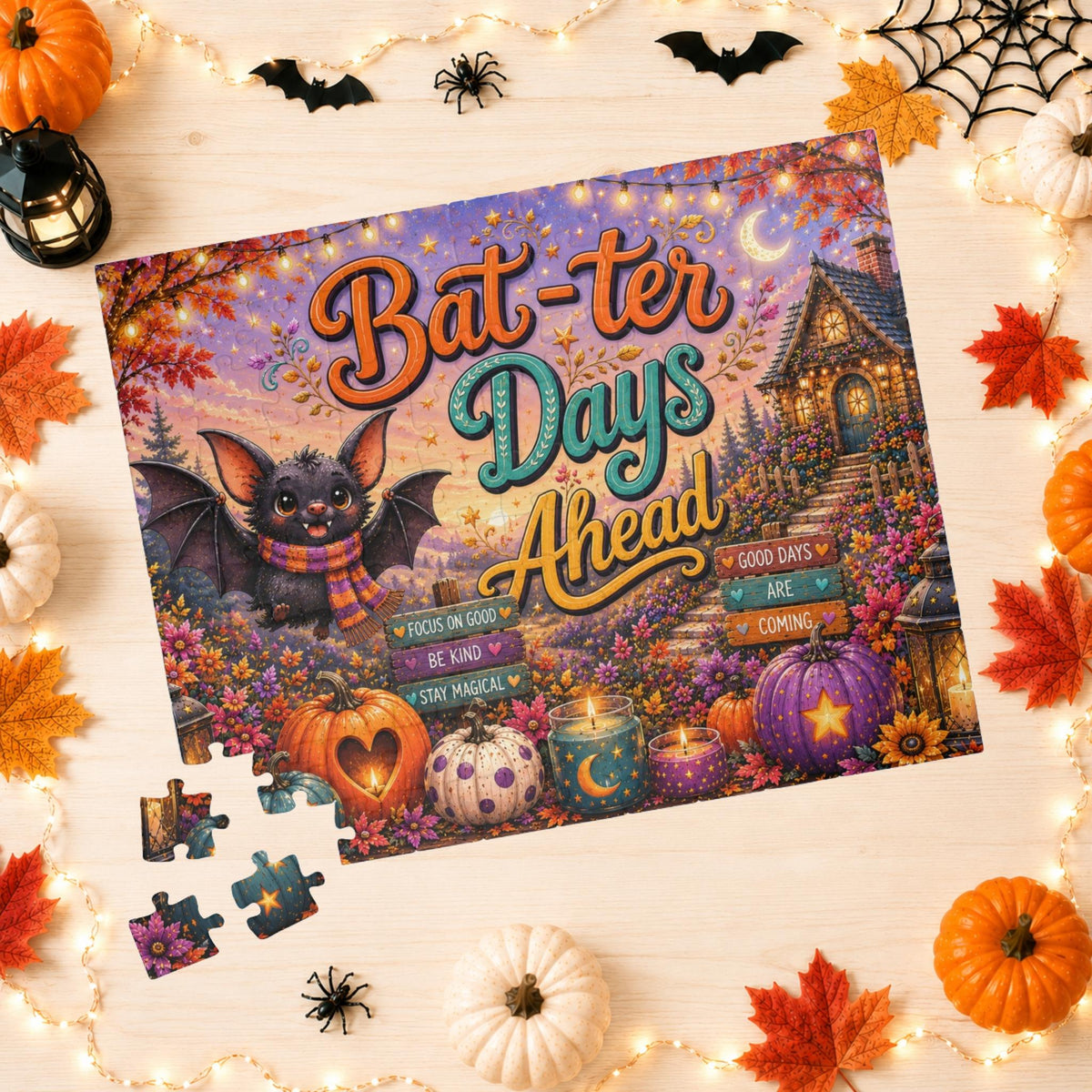 Bat-ter Days Ahead Halloween puzzle featuring cheerful bat artwork, heart pumpkins, and a cozy cottage scene