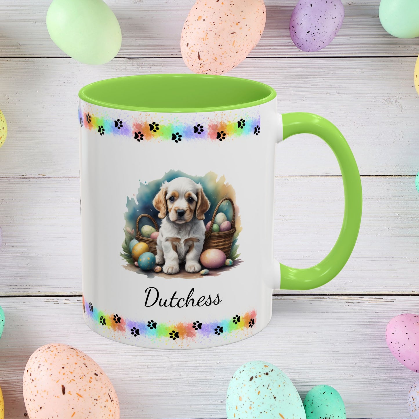 Cocker Spaniel (Orange & White): Personalized Easter Puppy Coffee Mug - Adorable Dog Design, Mental Health Gift, 11oz & 15oz, 12 Color Choices, Easter Gifts & Décor