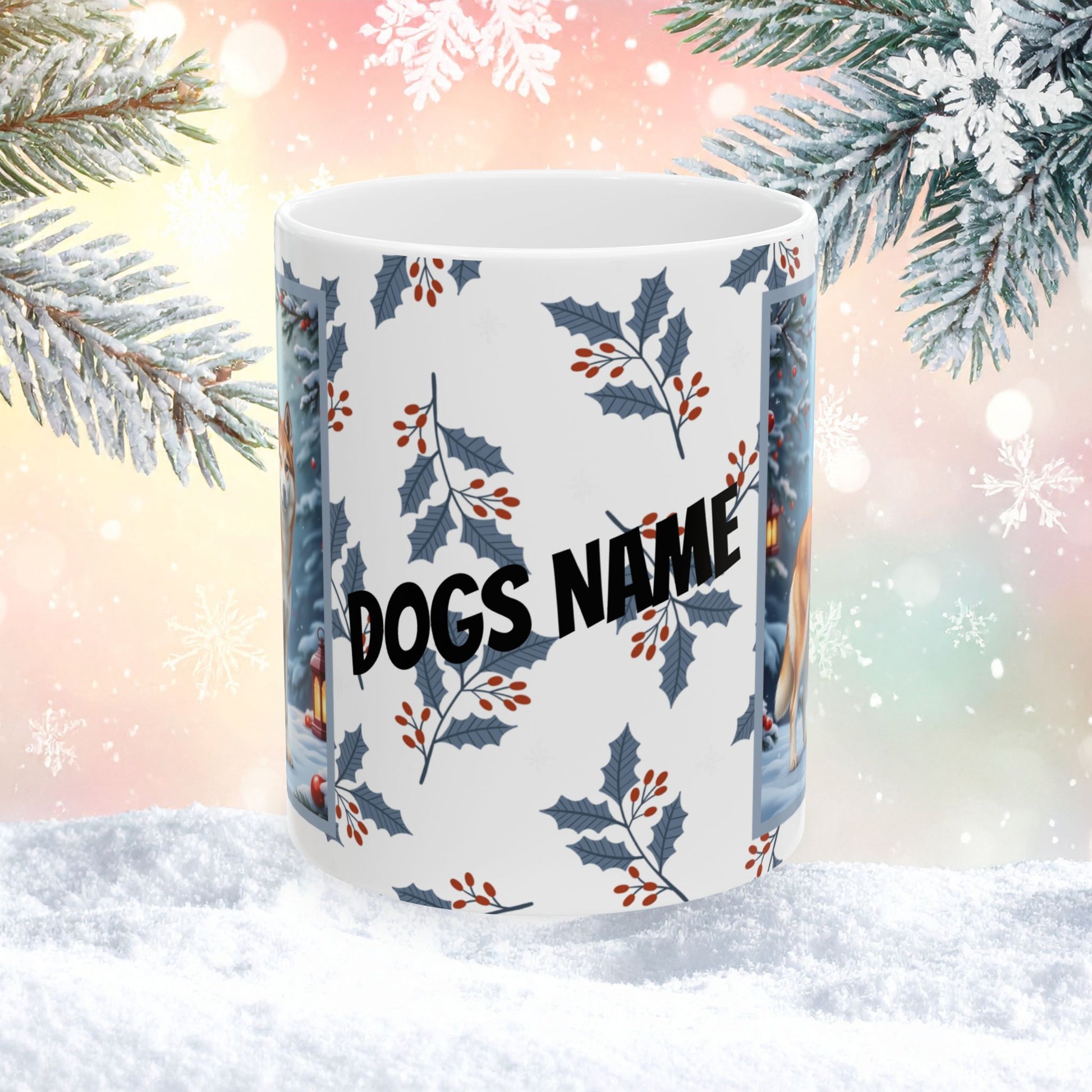 Husky (Sable & White) Winter Mug - sable and white husky illustrated standing in a winter scene with frosted trees