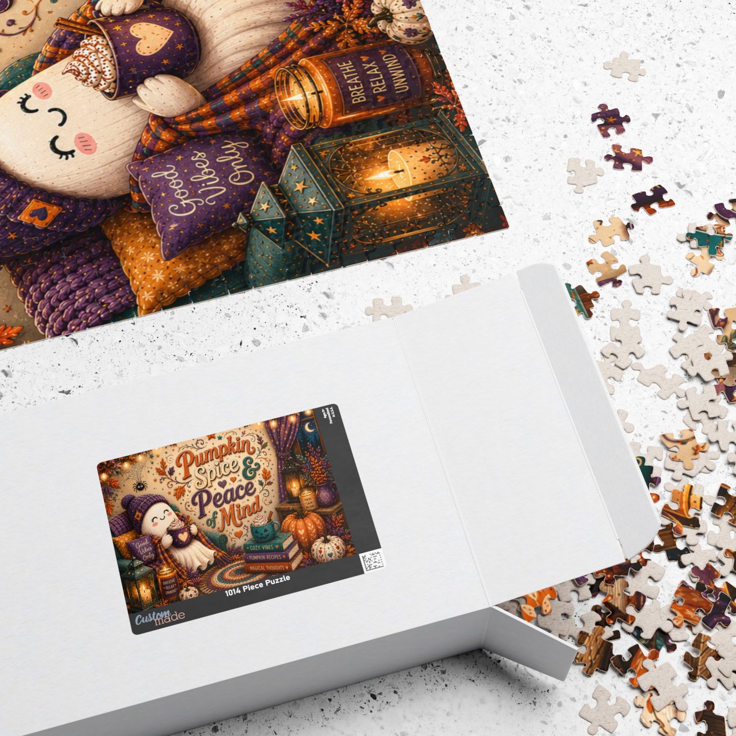 Pumpkin Spice and Peace of Mind Halloween Puzzle - Cozy Ghost with Heart Mug, Good Vibes Pillow, and Pumpkin Recipe Books