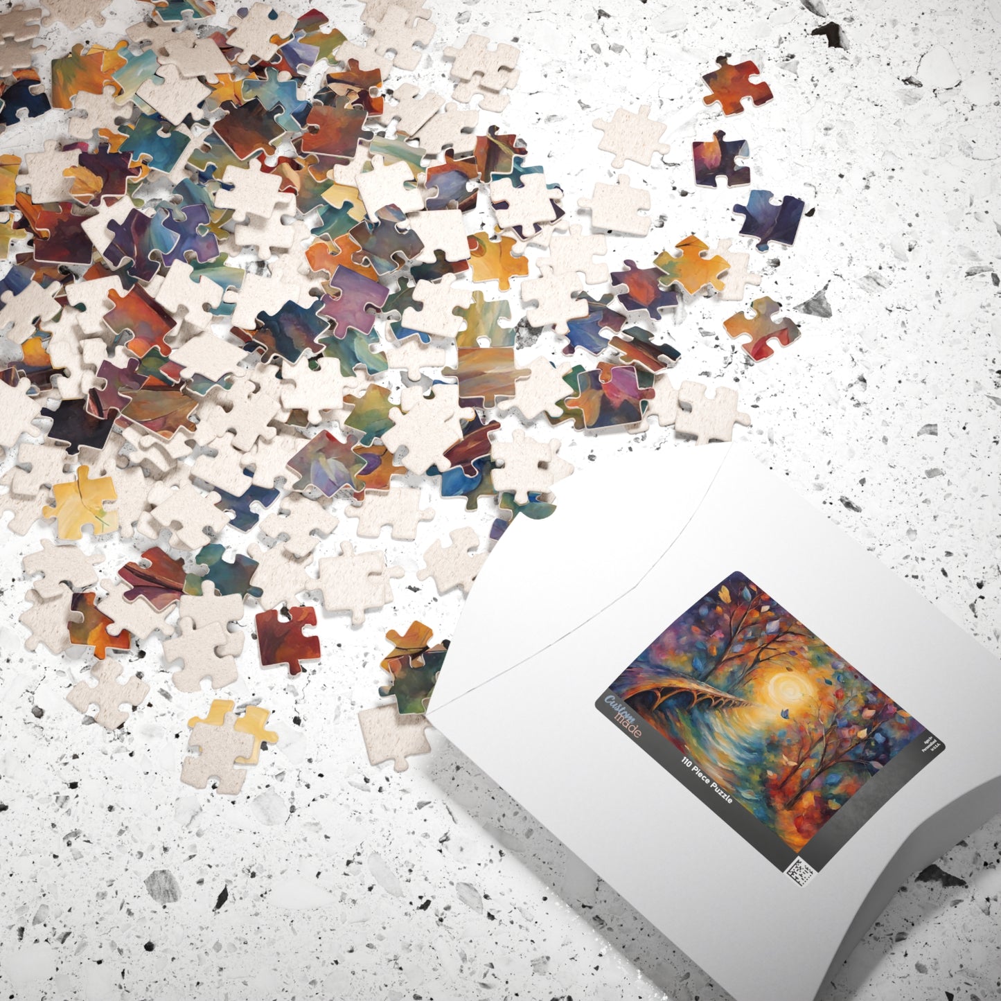 Bridge to Healing - Watercolor Landscape Puzzle with Glowing Path, Stone Bridge, and Colorful Floating Leaves