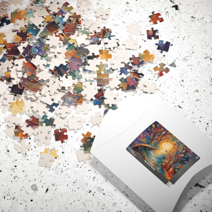 Bridge to Healing - Watercolor Landscape Puzzle with Glowing Path, Stone Bridge, and Colorful Floating Leaves