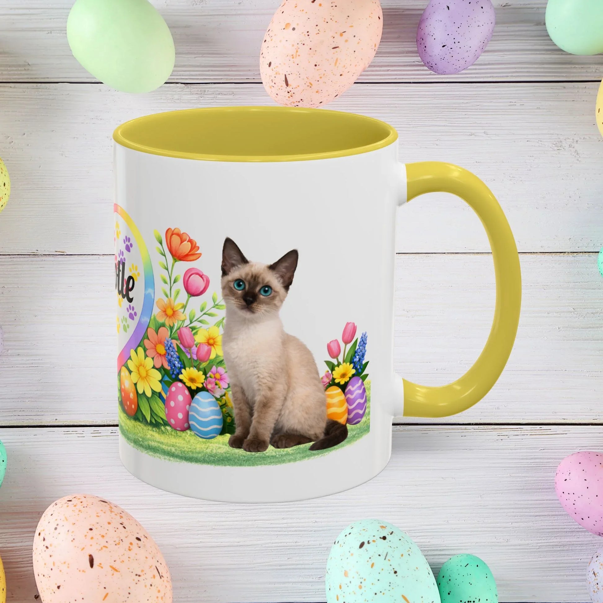 Shop our tonkinese kitten easter mug featuring the 15oz style option from MySisterIsASurvivor.