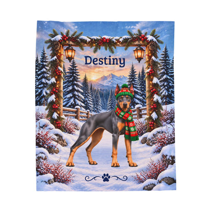 Doberman (Blue & Rust Coat) - Personalized Winter Blanket, Snowy Mountain Velveteen Throw