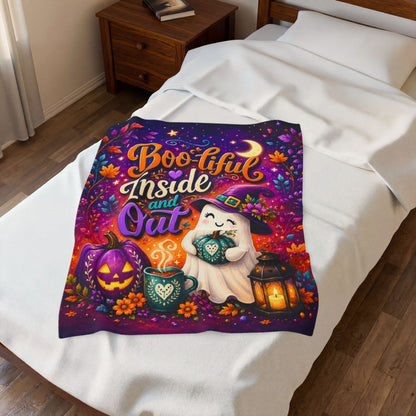 Boo-tiful Inside and Out Velveteen Blanket - Ghost with Floral Witch Hat and Heart Pumpkin