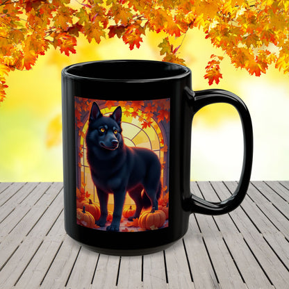 Black Siberian Husky (Amber Eyes) autumn coffee mug, personalized seasonal Husky gift for dog lovers