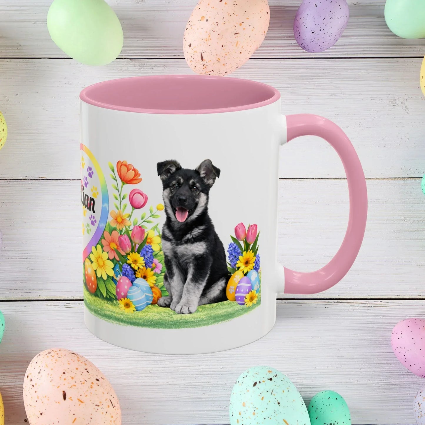 Shop our german shepherd black silver puppy easter mug featuring the 11oz style option from MySisterIsASurvivor.