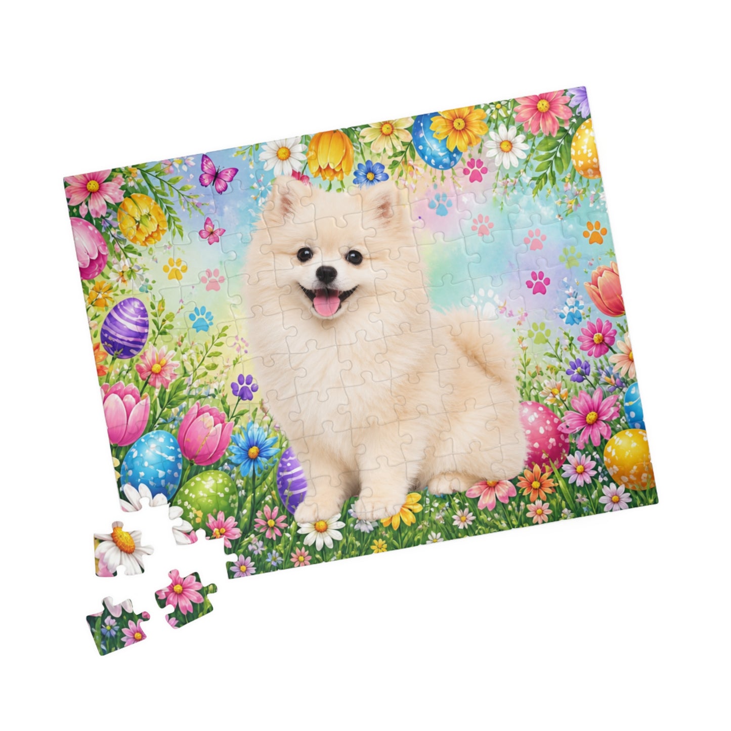 Pomeranian (Cream) Easter Puppy Puzzle - Spring Garden with Eggs, Tulips, and Daisies