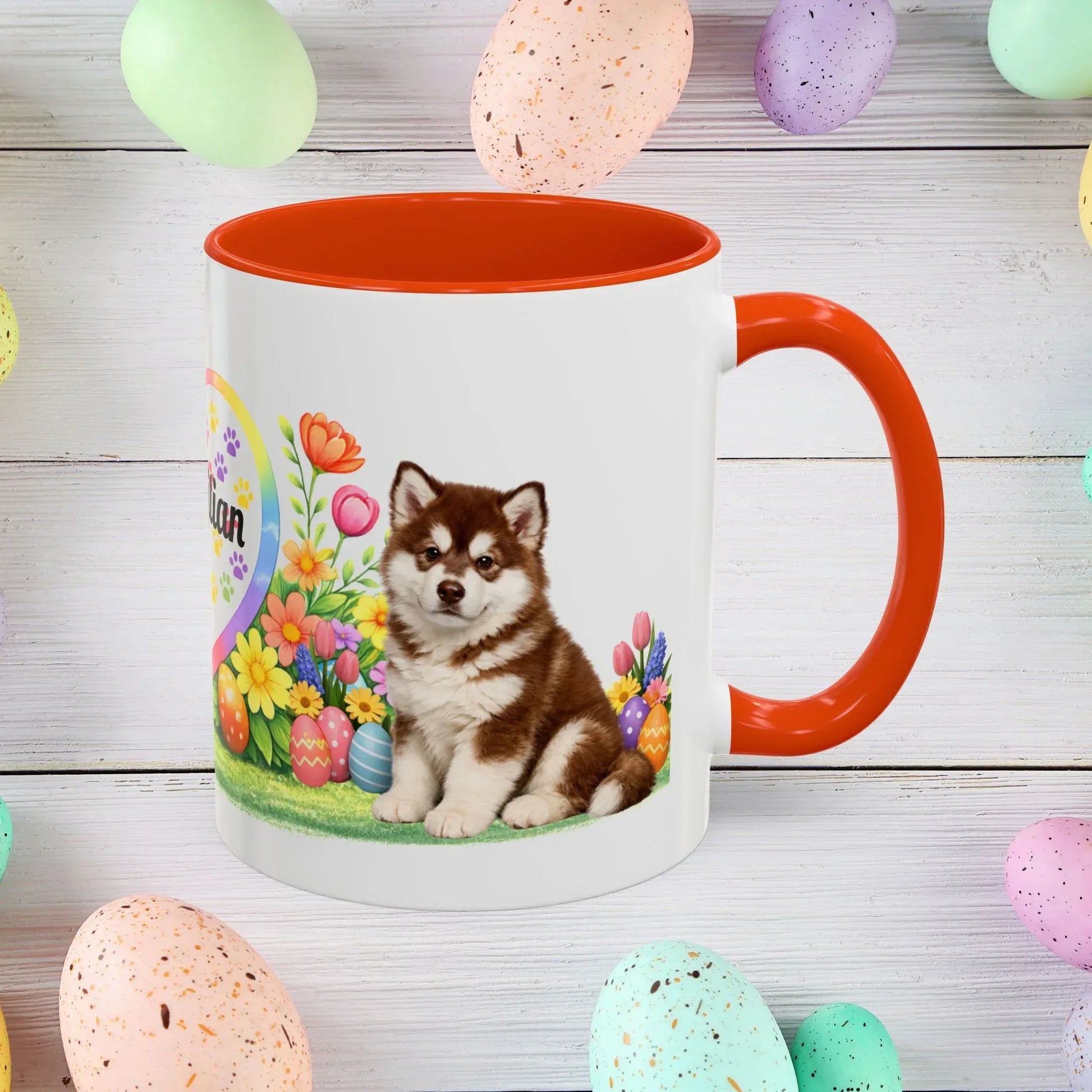 Shop our alaskan malamute red white puppy easter mug featuring the 11oz style option from MySisterIsASurvivor.