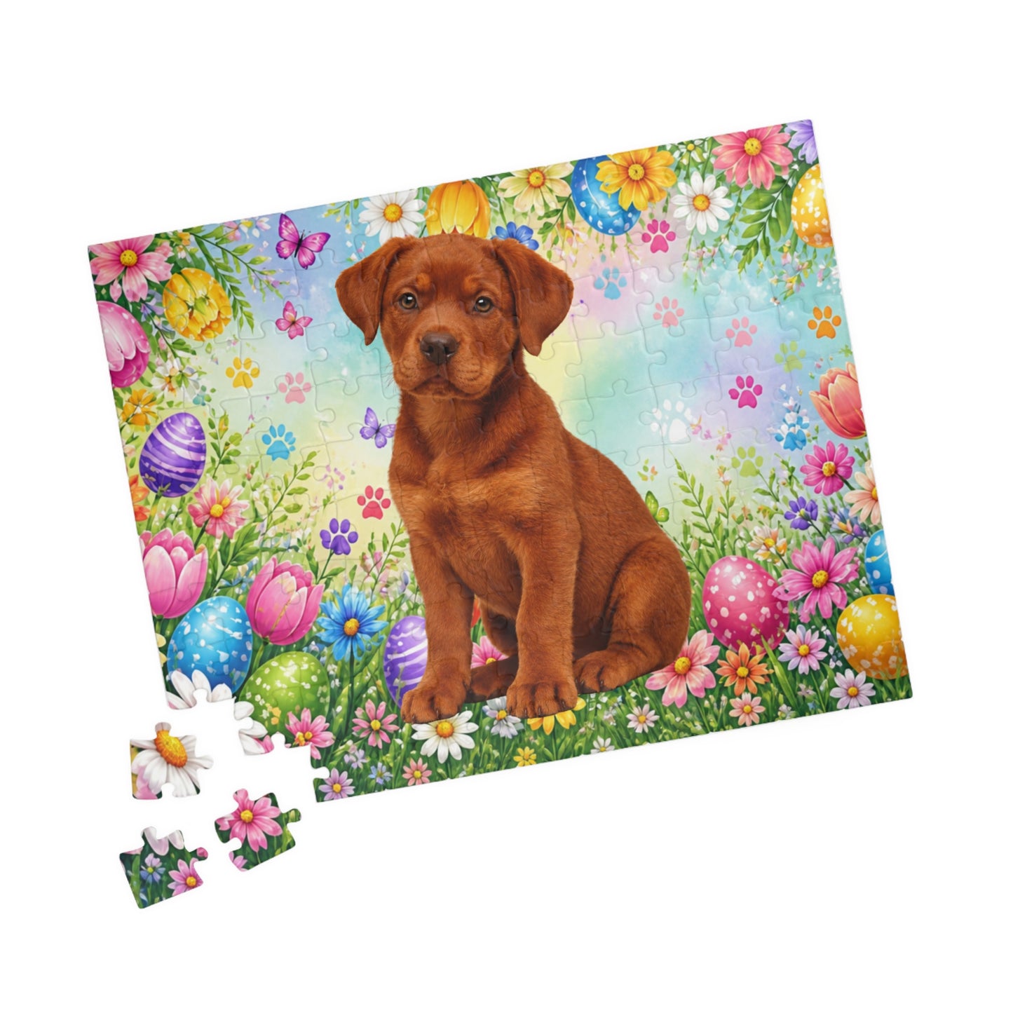 Rottweiler (Red) Easter Puppy Puzzle - Spring Garden with Eggs, Wildflowers, and Butterflies