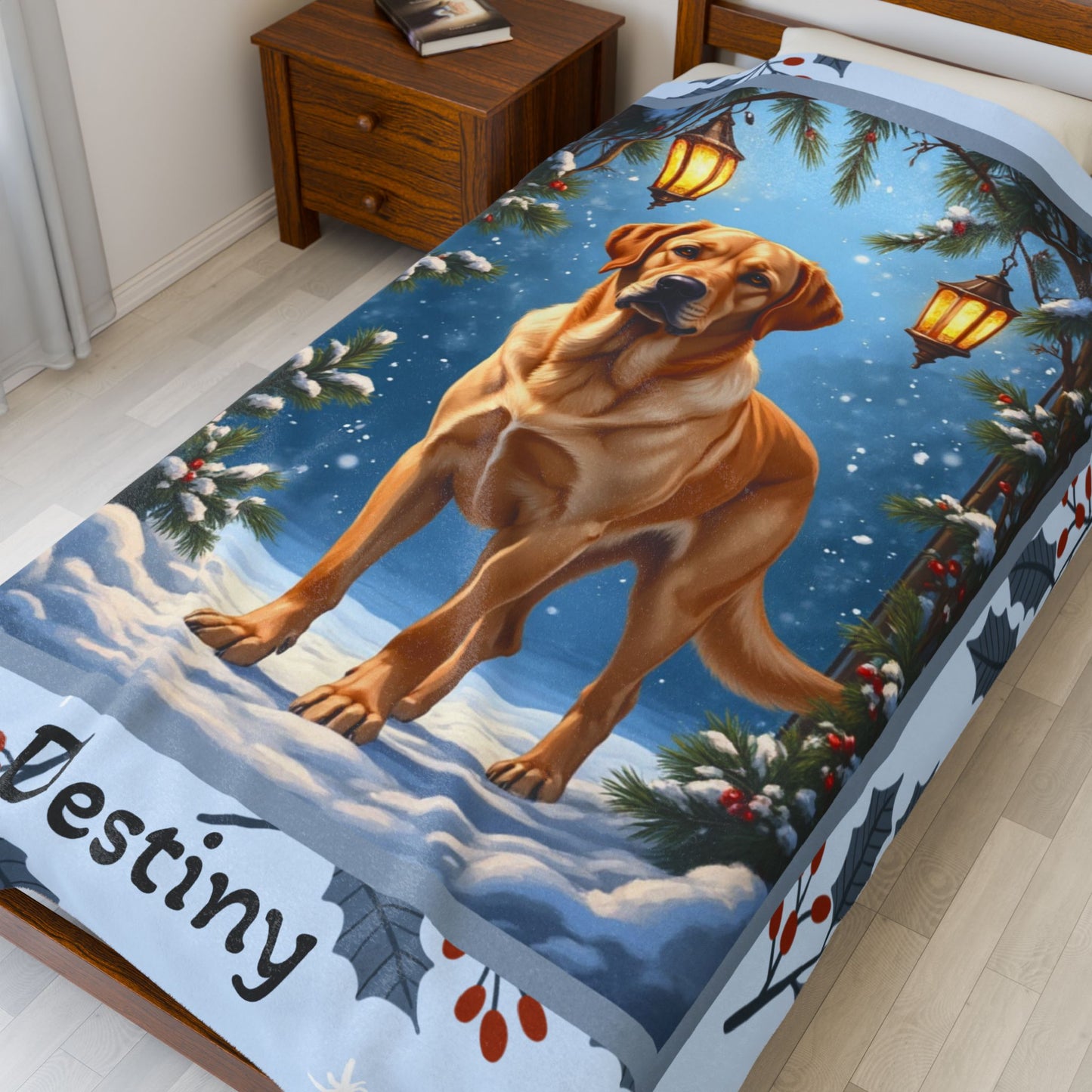 Labrador Retriever Yellow personalized winter throw showing a happy yellow Lab in a bright lodge-style scene