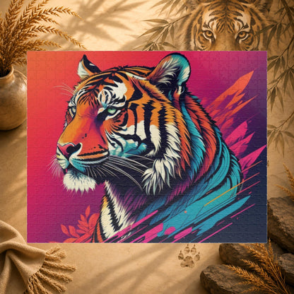 Calm in the Tiger's Stripes - Tropical Tiger Jigsaw Puzzle with Coral Gradient and Teal Leaf Art