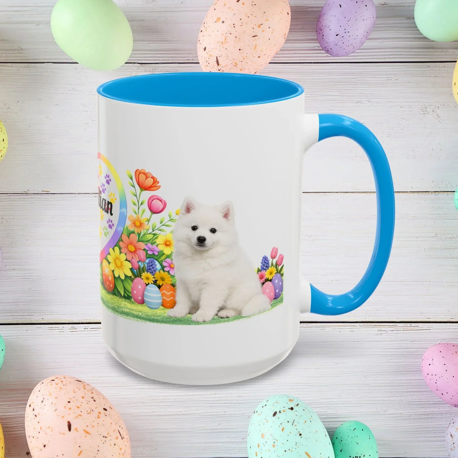 Shop our american eskimo puppy easter mug featuring the 15oz style option from MySisterIsASurvivor.