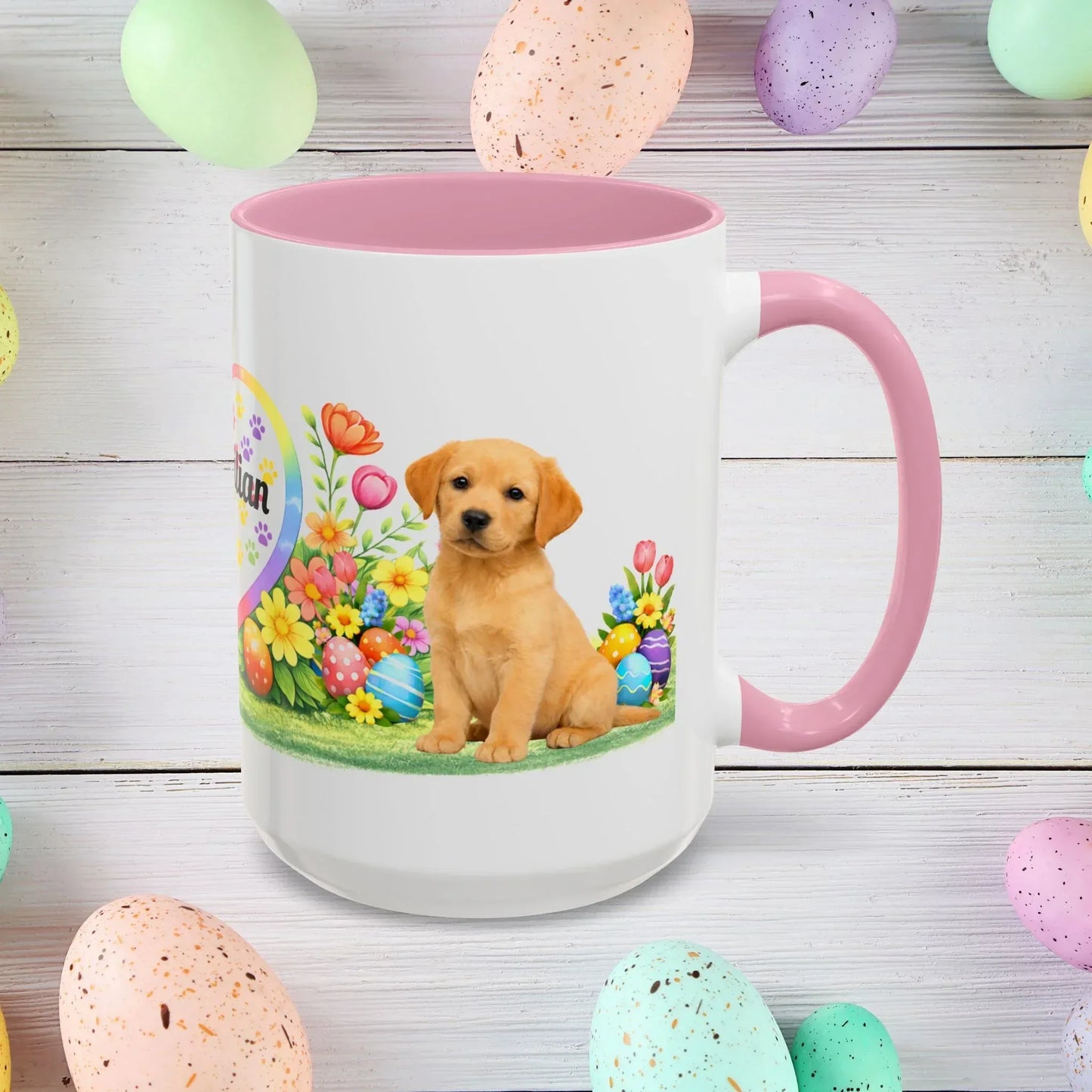 Shop our labrador retriever yellow golden puppy easter mug featuring the 15oz style option from MySisterIsASurvivor.
