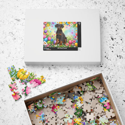 Doberman (Blue & Rust) Easter Puppy Puzzle - Spring Garden with Eggs, Tulips, and Daisies