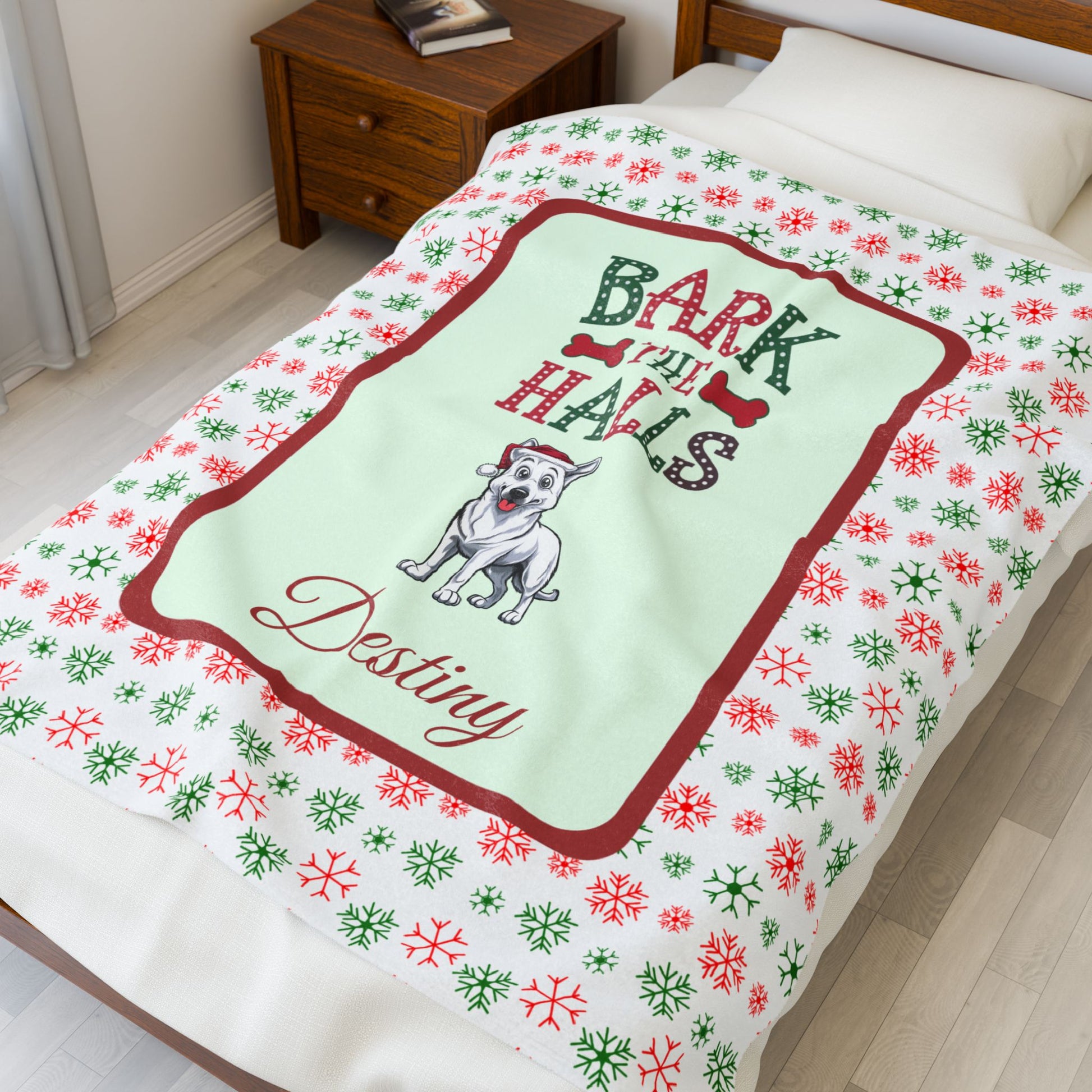 German Shepherd White personalized velveteen dog blanket Bark The Halls festive holiday throw
