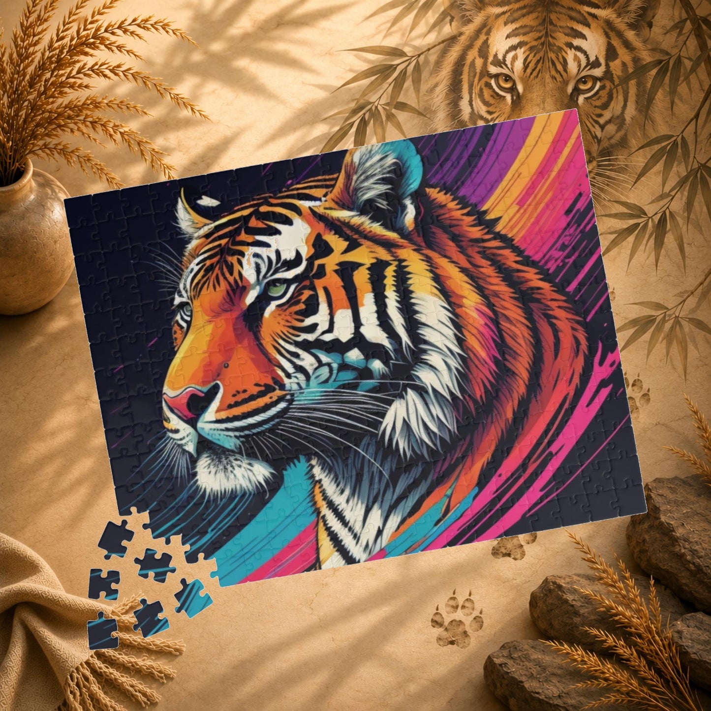 Stripes of Strength - Tiger Puzzle with Bold Rainbow Brushstrokes on Dark Background
